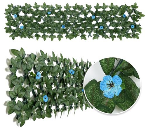 Expandable Garden Fence Screening Panels with Flower - Privacy Screen | Faux Ivy Greenery | Balcony - 200x30cm (Blue Flower)
