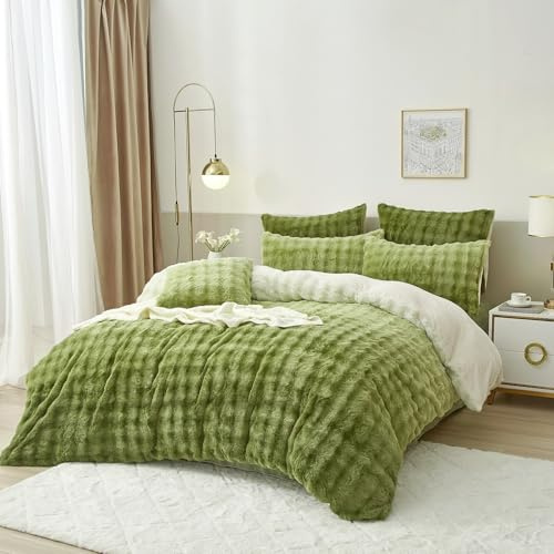 Luowei Plüsch Bettwäsche 135x200 Warm Winter Farbverlauf Grün Kuschelige Flauschig Fleece Bettwäsche Luxus Wende Bettbezug mit Reißverschluss und Kissenbezug 80x80cm
