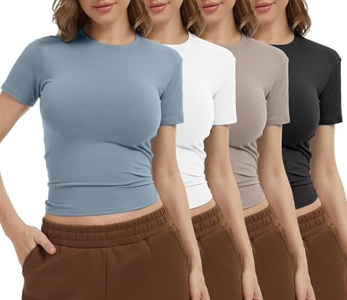 Dalavch 4 Pack Women's Workout Shirts Compression Short Sleeve Crew Neck Running Yoga Gym Athletic Fitted Crop T-Shirts Top 1 Black 1 White 1 Blue 1 Khaki Medium