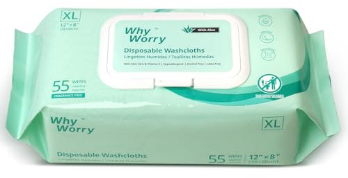 WhyWorry Wet Wipes for Adults, Extra Large 20x30 cm Body Cleaning Wipes for Elderly Care & Incontinence Cleansing, Extra Thick Adult Washcloths Disposable with Aloe & Vitamin E, Unscented, 55 Count