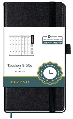 BEZEND 2 Jahres Monats-Taschenkalender 2026/2027 A6 16,8 x 9,4 cm - Monatsplaner 1 Monat 2 Seiten, 96 Seiten, Monatskalender(Jan 26-Dez 27) mit PU-Leder Hardcover auf Deutsch, Schwarz