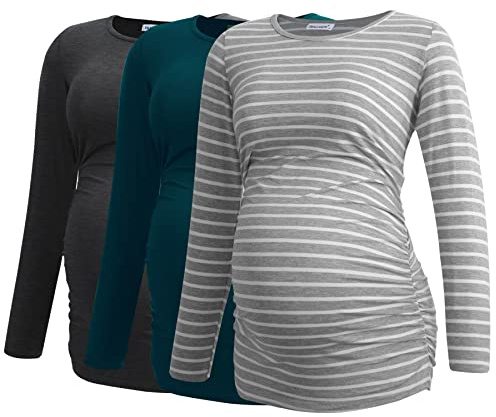 Smallshow Women's Maternity Tops Long Sleeve Pregnancy Clothes T Shirts 3-Packs,Deep Grey-Teal-Light Grey Stripe,M