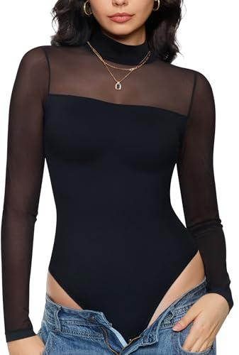 Nebility Women Long Sleeve Bodysuit Turtleneck - Mesh Shapewear Body Suit Tops Thong Going Out Tops Fall Outfits