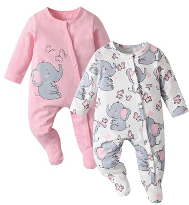 Tearfuty Newborn Baby Girls Rompers Elephant Print Long Sleeve One-Pieces Jumpsuit Pack of 2 0 Months