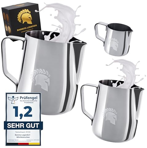 Barista Legends® Set bricco per latte in acciaio inox, colore argento, 100 ml + 350 ml + 600 ml, bricco per schiuma di latte lucidato, bricco per latte in acciaio inox, accessorio Barista