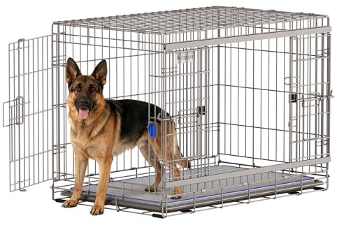 Aurapaws 42 Inch Sliding Door Dog Crate - Heavy Duty Collapsible Dog Crates for Large Dogs (70-100lbs), Double Door Metal Dog Kennel Cage with Soft Mat, Leak-Proof Tray, Easy Foldable & Assembly