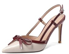 QUEEN HELENA Décolleté Donna Slingback con Tacco Alto a Punta Bicolore con Fiocco K4537 (Beige Rosso, Sistema Taglie Calzature EU, Adulto, Donna, Numero, Media, 39)