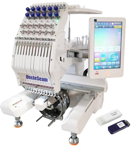 UncleSeam 15-Needle Compact Embroidery Machine,1200SPM, 10 Touchscreen, 8x12 Area,For Flat, Hat, T-shirt etc.(Bundled Software) (15 Needle Machine+Software)