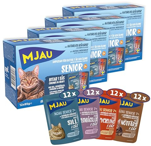 MJAU 4X multipack Senior med 48 x 85 g – våt mat senior i 4 läckra varianter – aptitretare i sås med makrill, axel, kyckling och nötkött hacka – Mixpack förvaringspaket multibox