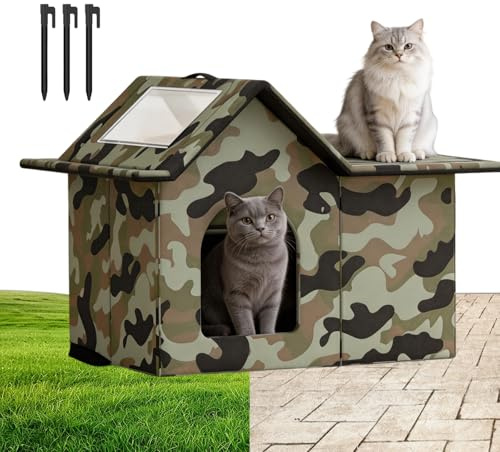 Cama Gato Exterior Impermeable, Casa para Gatos Callejeros con Alfombrilla Suave, Cueva Plegable Resistente al Frío y Lluvia para Garaje Jardín Terraza, Fácil Montaje, 48 x 33 x 40 cm
