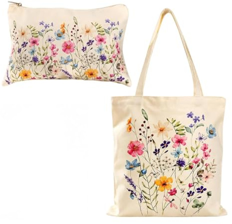 QhgPnt 2-Piece Set Small Tote Bag with Zip, Canvas Tote Bags with Small Pouch for Women, Floral Print Design for College Classes and Daily Commuting, Reusable Grocery Bag for Gym, Travel, Work