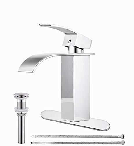 HIHIA Badezimmer-Wasserhahn mit Wasserfall-Auslauf, Einhandgriff, Chrom mit Pop-Ablauf ohne Überlauf, kommerziell, modern, WC, Deckmontage