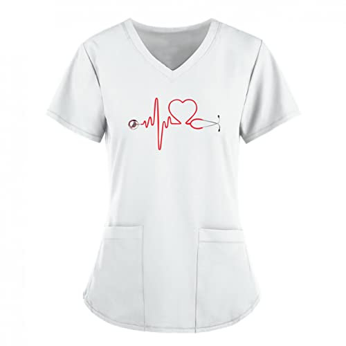 Damen Pflege Schlupfhemd Uniform Schlupfkasack Kasack mit 2 Taschen V-Ausschnitt T Shirts Tops Kurzarm Krankenpfleger Berufsbekleidung mit Motiv