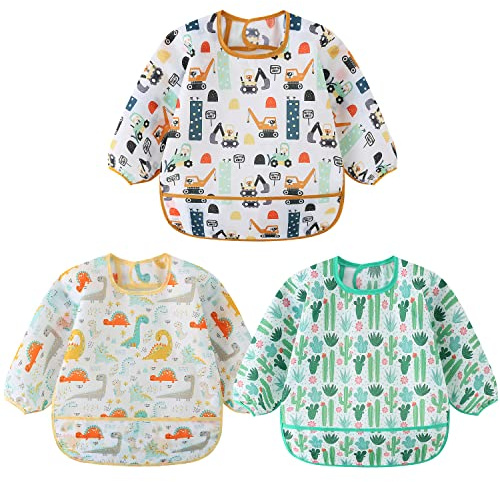 HaimoBurg 3 Pcs Waterproof Long Sleeves Baby Bibs Weaning Smock Bib 3-24 Months
