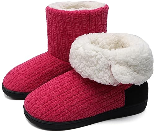 ONCAI Womens Slippers Winter Warm Comfort Knit Fleece Slippers Boots Memory Foam Cotton-blend Ladies Wool Bedroom Shoes Rose Red UK Size 5-6