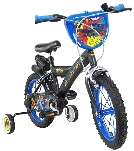 bicicletta da 16 pollici Batman, con stabilizzatori laterali, borraccia e scudo anteriore personalizzato. Made in Italy