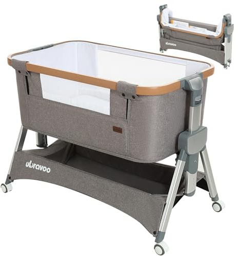 UBRAVOO 2 in 1 Babybett ab Geburt bis 15 kg, Beistellbett, Zustellbett 5 Höhenverstellung, Einstellung der Neigung der Matratze/Faltbare Seitenwand/4 Räder mit Bremse, Netzgewebe Kinderbett