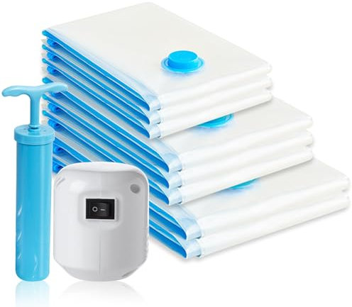 Geoyien Vakuumbeutel für kleidung, 8 Vakuumbeutel für bettdecken, Vacuum bags for clothing, mit elektrischer und manueller Vakuumpumpe, schnelle Kompression, für Kleidung, Steppdecken (3 Größen)