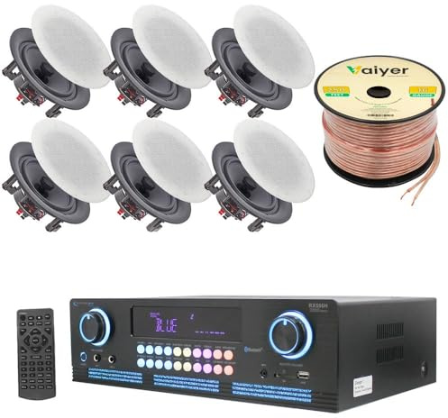 Home Theater System Kit 2000 Watts Bluetooth Amplifier with 6 Qty 5.25 175 Watts in-Wall in-Ceiling Frameless Speakers & 16 Gauge 250 ft. Speaker Wire by Technical Pro