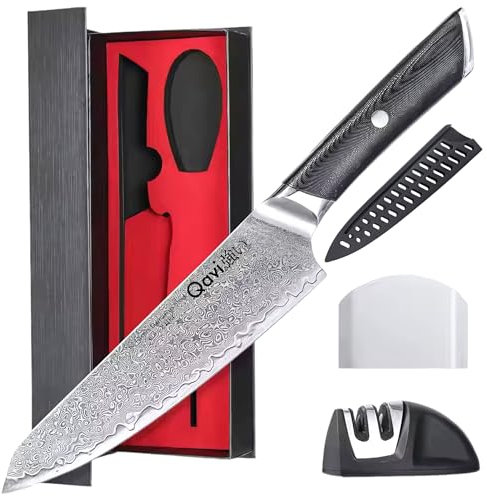 Qavi Chef Knife, Professional Kitchen Knife 7 Inch, 67 Layers Damascus Steel High Carbon Sharp Japanese Kiritsuke Knife with G10 Handle, Blade Cover, Finger Guard and Knife Sharpener in a Gift Box