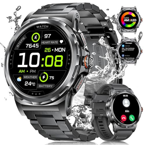 Smartwatch Herren mit Telefonfunktion,1.43 AMOLED Fitnessuhr mit 130 Sport Modi für Android iOS,Schlafmonitor Militär Männer Smart Watch,5ATM Wasserdicht Sportuhr