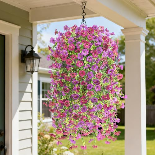 INQCMY Artificial Hanging Flower Baskets for Spring Outdoor Decoration Fake Plants UV Resistant Faux Silk Daisy with Eucalyptus Leaves Realistic Look for Home Porch Patio Yard