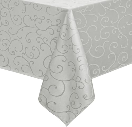 Romanstile Washable Tablecloth 140 x 100 cm Grey Rectangular Water-Repellent Damask Jacquard Tendril Pattern Tablecloths Tablecloth for Christmas, Outdoor, Garden, Birthday, Dining Room, Wedding, New