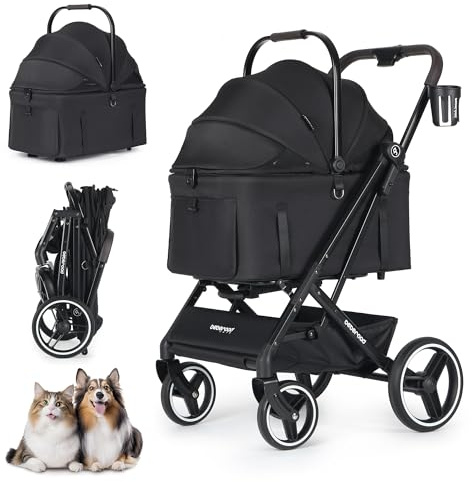 X3 Pet Stroller for Medium Dogs Cats Up to 55 lbs or Two Small Pets, Black | 3 in 1 Lightweight Foldable Carrier Dog Stroller with Waterproof Weather Cover Cup Holder, Storage Basket, 4 Wheels
