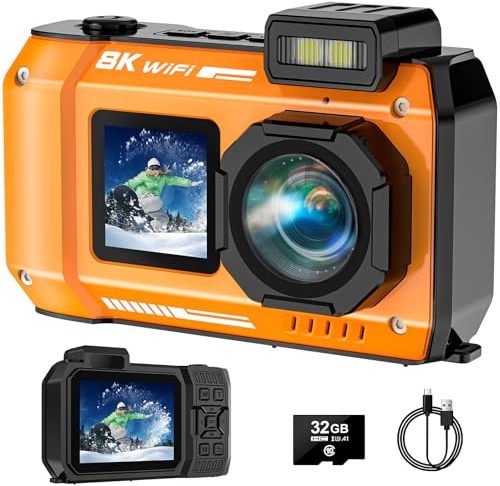 Digitalkamera, Yixinxin 8K Unterwasserkamera, 70MP Autofokus 33FT WiFi Digitalkamera wasserdichte mit 64GB Karte, Dual-Screen Selfie 2500mAh Batterie, 16X schwimmfähig Digital für Schnorcheln