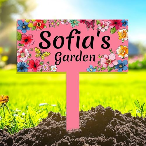 Custom Flower Garden Signs with Stakes,Personalized Gardener Name Metal Signs for Outside, Customized Butterfly Yard Decor Gift for Gardeners Grandma,Gardening Gifts Decoration for Patio Lawn Outdoor