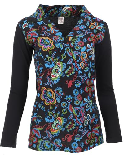 GURU-SHOP, Broderad långärmad skjorta med V-ringning Flower Power Hippie Chic, bomull, tröjor, långärmade och sweatshirts, Black/Colorful, M