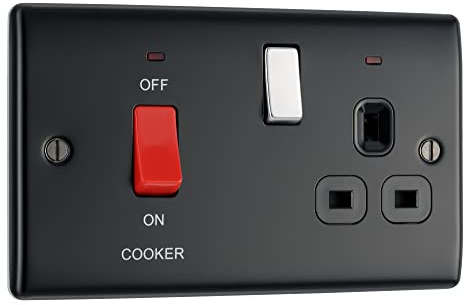 BG Electrical Double Pole Cooker Control Unit with Single Socket and Power Indicator, 45 Amp, Black Nickel