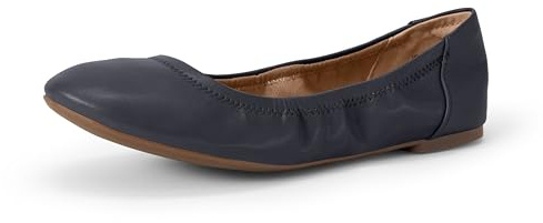 Amazon Essentials Women's Comfortable Round Toe Ballet Flats, Cushioned Memory Foam, Navy Faux Leather, 11