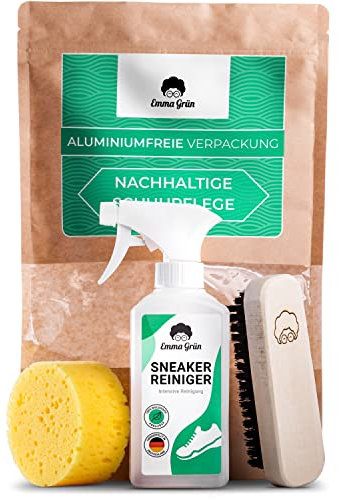 Emma Grün® Sneaker Cleaner Reinigungsset 250ml [Bürste + Schwamm] - Nachhaltiges Schuhpflege Komplettset - Schuhputzsets Sneaker Reiniger Weiß - Schuhreiniger Schuhpflegeset - Shoe Cleaning Kit