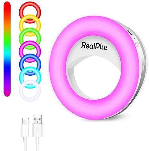 RealPlus RGB-Telefon-Ringlicht - Geschenk für Frauen, 3 Stufen Kaltweiß und 12 RGB-Modi, Tragbares Selfie-Licht für Telefon, Tablet, Laptop, Tiktok, Wiederaufladbar