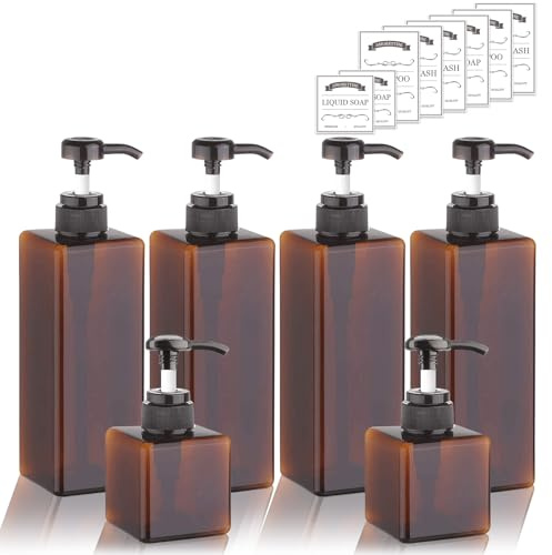 6-pack schampo- och balsamflaskor, 4-pack 445 ml och 2-pack 236 ml påfyllningsbara fyrkantiga plastpumpflaskor tvåldispenser för schampo, balsam och kroppstvätt (bärnsten)