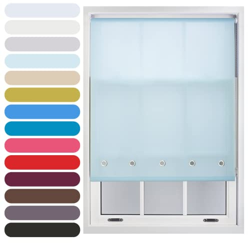 FURNISHED Daylight Roller Blind + Round Eyelets, Duck Blue, 45W x 210L cm | Blinds with chrome round eyelets semi sheer fabric easy fit window shade