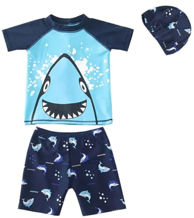 FedMois Maillot de Bain Bébé Garçon 3 pièces Combinaison Anti UV T-Shirt + Shorts + Bonnet de Bain, Requin Bleu, 5-7 Ans
