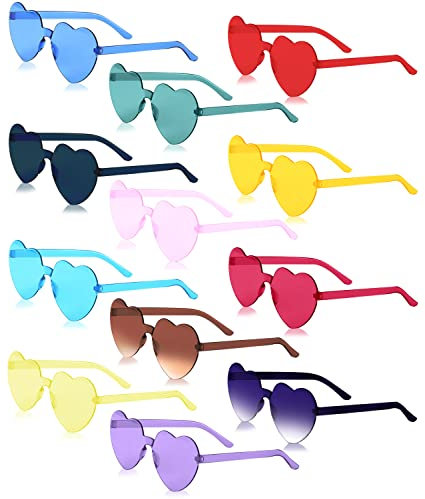 12 Stück Herz Brille,Randlose Herz Brille,Retro Party Sonnenbrille,Transparente Candy Color Sonnenbrille Hippie Kostüm Zubehör für Fasching Foto Requisiten Geburtstagsfeier für Kinder und Erwachsene