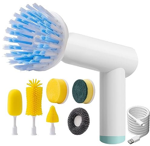 DONGTATA Cepillo de Limpieza Eléctrico con 7 Cabezas para Cocina, Baño, Suelo y Ventanas - Limpiador de Rotación