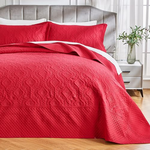 Qucover Burgunderrote übergroße King-Size-Tagesdecke, warme und gemütliche Steppdecke, Mikrofaser-Polyester, übergroße Cal King Quilts 128 x 120 cm, 3-teilige übergroße King-Size-Bettdecken für Bett