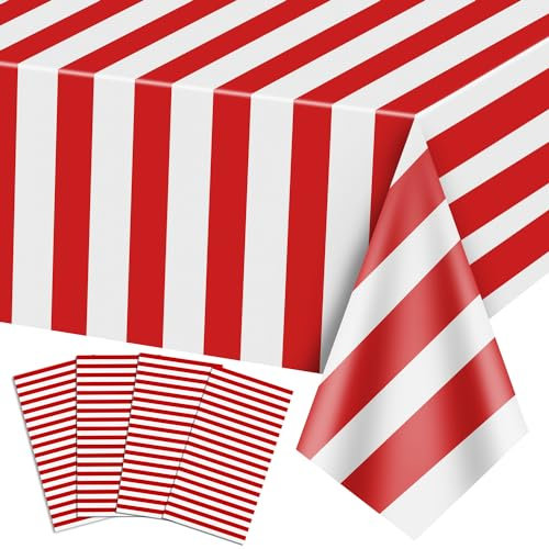 PIXHOTUL Lot de 4 nappes à rayures rouges et blanches - En plastique rouge - Décoration de fête sur le thème du cirque - Pour carnaval, soirée cinéma, anniversaire d'enfant, pique-nique, 130 x 220 cm