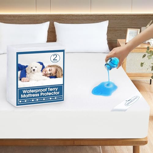 2 Pack Twin Mattress Protector Waterproof Premium Terry Twin Bed Sheets Fitted up to 14'' Ultra Soft and Breathable Mattress Topper Pad Cover Machine Washable