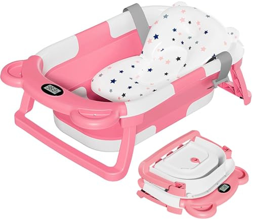 TPN Bañera plegable para bebés a niños pequeños con monitor de temperatura en tiempo real + cojín flotante, juego de bañera plegable para bebés de 0 a 36 meses, bañera de bebé portátil perfecta para