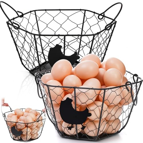 Goaste 2 Pack Metal Wire Egg Baskets, 9.5 Inch Chicken Egg Collecting Basket with Handle, Round Eggs Storage Container for Gathering Fresh Eggs, Vintage Black Wire Egg Holder for Easter Kitchen Home