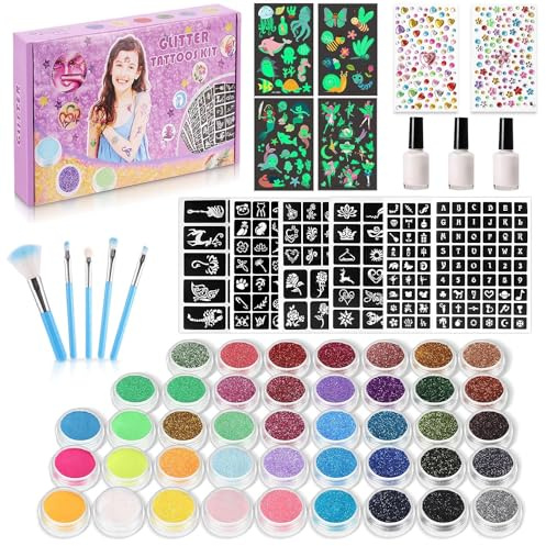 Glitter Tattoos - Glittery Kids Tattoos - Includes 215 Rhinestones, 204 Unique Stencils, 42 Sparkly Colours - Girls Gifts for Ages 7+