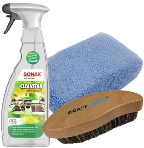 Craft-Equip Reinigungs-Set bestehend aus dem SONAX 750ml Cleanstar Innenreiniger + Craft-Equip Microfaser Applikator + Craft-Equip Lederbürste