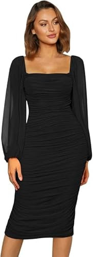 Haibang Robe de Soiree Femme Sexy Robe Moulante en Maille à Manches Longues et Col Carré Mini Robes Courtes Élégante Robe pour Cocktail Party Fête Club Bal Mariage Soirée
