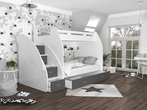 AJKmeble Hochbett Etagenbett 90x200 / 120x200cm mit Treppe und Ausziehbett ( wählbar in Farben weiß, blau, grün, rosa oder grau für Jungen und Mädchen, Jugendbett ) Treppe beidseitig montierbar (Grau)