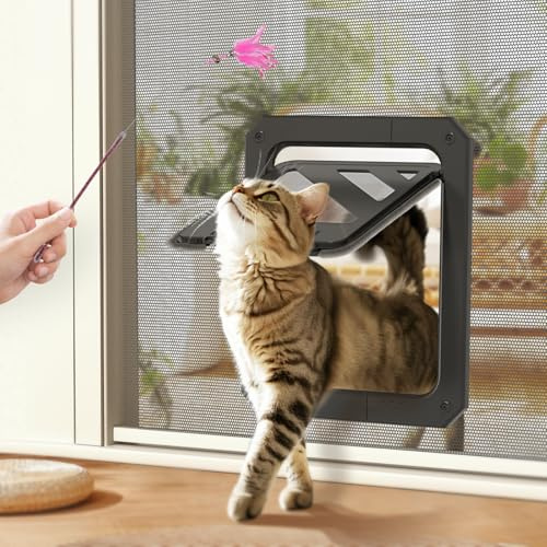 LIBBEPET Cat Door for Screen Door, Lockable Cat Screen Door for Cats & Small Dogs Up to 20 lbs, Magnetic Flap Opening 7 x 9 inches, Equipped with Interactive Cat Toy & Installation Tools, Black